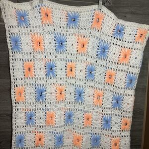 VTG Granny Square Crochet Afghan Pink White Blue Handmade Blanket Throw 68”X72”